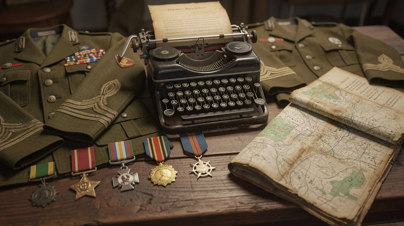 Die Detailaufnahme zeigt historische Militäruniformen und Requisiten auf einem Tisch, darunter Orden, Karten und eine Schreibmaschine, die an das Ende des Dritten Reiches und die dramatischen Ereignisse im April 1945 erinnern. Diese Gegenstände reflektieren die Geschichte und den Krieg, die mit Adolf Hitler und seiner Führung verbunden sind.