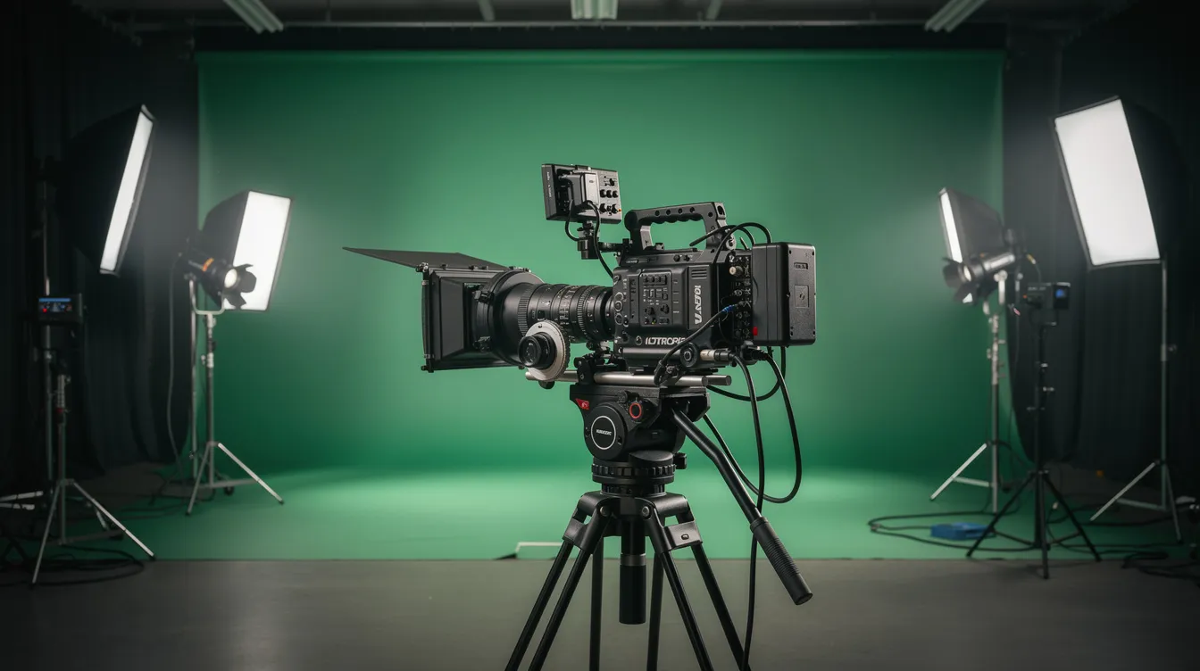 Eine professionelle Filmkamera auf einem Stativ steht in einem abgedunkelten Filmstudio, das mit einem grünen Hintergrund und hellen Scheinwerfern ausgestattet ist. Diese Umgebung ist typisch für die Produktion von Science-Fiction-Filmen wie "Avatar – Aufbruch nach Pandora", in denen aufregende Abenteuer und beeindruckende visuelle Effekte im Vordergrund stehen.