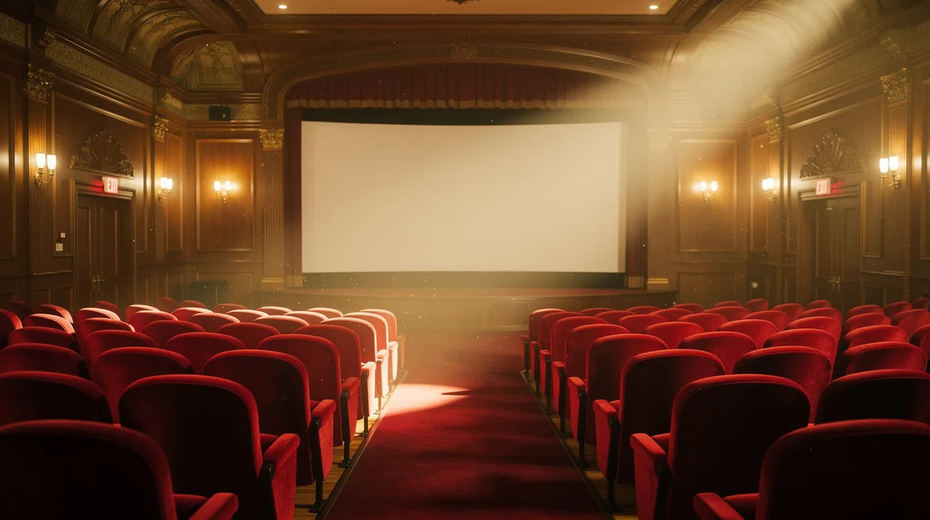 Das Bild zeigt das klassische Innere eines Kinos mit roten Samtsitzen, die in warmes Licht getaucht sind, und einer leeren Leinwand, die auf die bevorstehende Filmvorführung vorbereitet ist. Diese ruhige Atmosphäre erinnert an die dramatischen Geschichten, die in Filmen wie "There Will Be Blood" erzählt werden, in denen Themen wie Gier und das Streben nach Reichtum im Vordergrund stehen.
