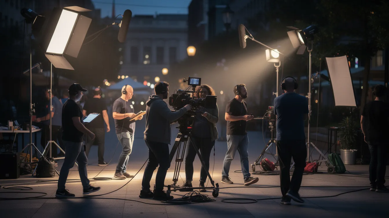 Das Bild zeigt ein Filmset bei Dreharbeiten im Freien, wo Crew-Mitglieder mit Kameraequipment und Scheinwerfern beschäftigt sind. Im Hintergrund sind die Vorbereitungen für eine abendliche Aufnahme zu sehen, während der Gaffer und der Best Boy Electric für die richtige Beleuchtung sorgen.