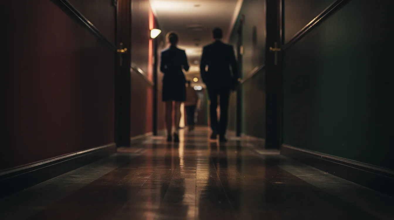 Ein schmaler Hotelflur, beleuchtet von gedämpftem, warmem Licht, zeigt Personen, die in Zeitlupe gehen. Die Wände sind in dunklen Rot- und Grüntönen gehalten, während Schatten und Reflexionen auf dem Boden die geheimnisvolle Atmosphäre einer Liebesgeschichte im Stil von Wong Kar Wai unterstreichen.