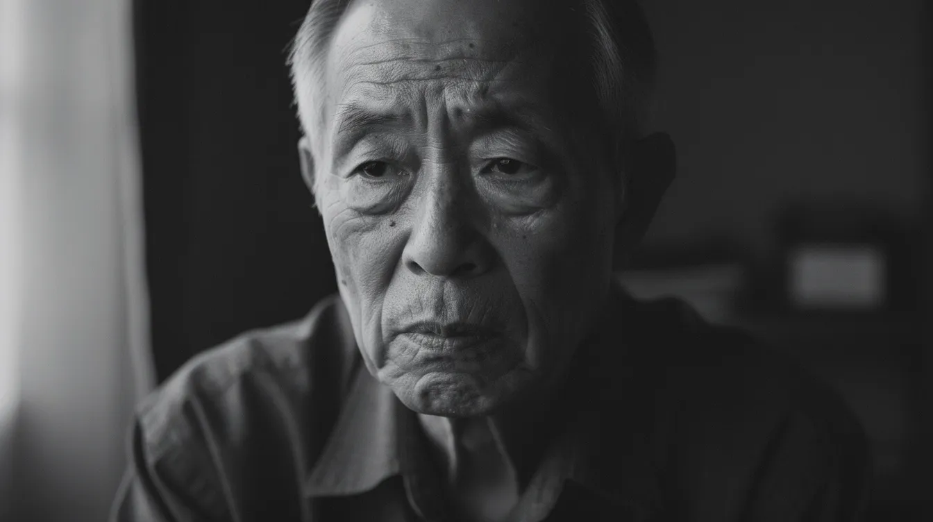 Die Nahaufnahme zeigt einen älteren japanischen Mann mit einem traurigen Gesichtsausdruck, der in einem schwach beleuchteten Raum sitzt. Das sanfte Seitenlicht betont seine Gesichtshälfte und vermittelt eine melancholische Stimmung, die an die Themen von "Ikiru" und das Streben nach einem sinnvollen Leben erinnert.