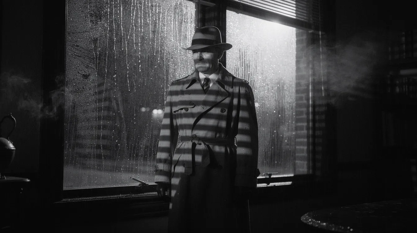 Eine Filmszene im Film-Noir-Stil zeigt einen Mann im Trenchcoat, der vor einem regennassen Fenster steht. Dramatische Beleuchtung erzeugt starke Schatten und Lichtstreifen, die die düstere Atmosphäre der Handlung unterstreichen und einen Einblick in die komplexe Geschichte des Films geben.