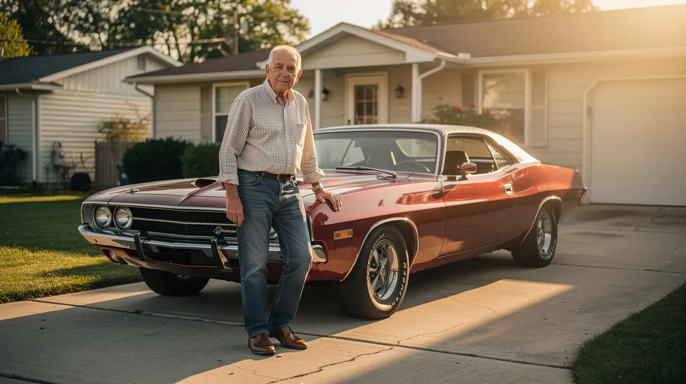 Ein älterer Mann steht neben einem glänzenden Ford Gran Torino aus den 1970er Jahren in der Einfahrt eines bescheidenen Vorstadthauses, während warmes Nachmittagslicht auf die Szene fällt. Die Atmosphäre erinnert an den Film "Gran Torino", in dem der Koreakriegsveteran Walt Kowalski eine zentrale Rolle spielt.