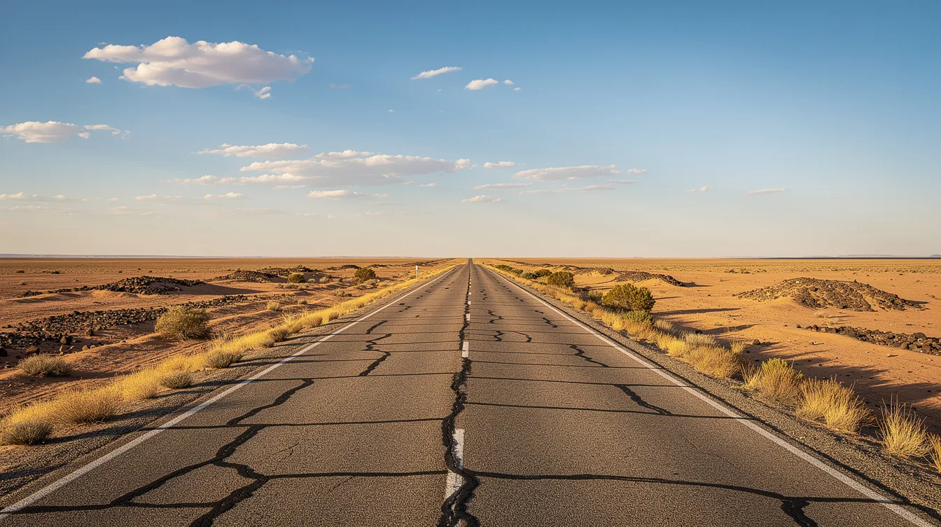 Eine leere Landstraße schlängelt sich geradeaus durch eine trockene Wüstenlandschaft bis zum Horizont, unter einem strahlend blauen Himmel mit vereinzelten Wolken. Diese Szene könnte an die Abenteuer von Christopher McCandless erinnern, der in der Wildnis nach Freiheit suchte.