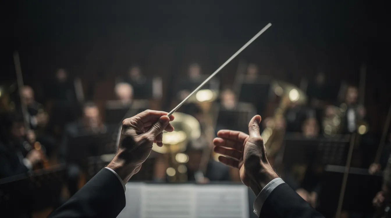 Die Hände eines Dirigenten mit einem Taktstock heben sich vor einem Orchestergraben, während dramatische Beleuchtung von oben auf die Szene fällt. Im Hintergrund sind unscharfe Musiker zu sehen, die sich auf die Aufführung vorbereiten, was an die emotionale Tiefe von "Nuovo Cinema Paradiso" erinnert.