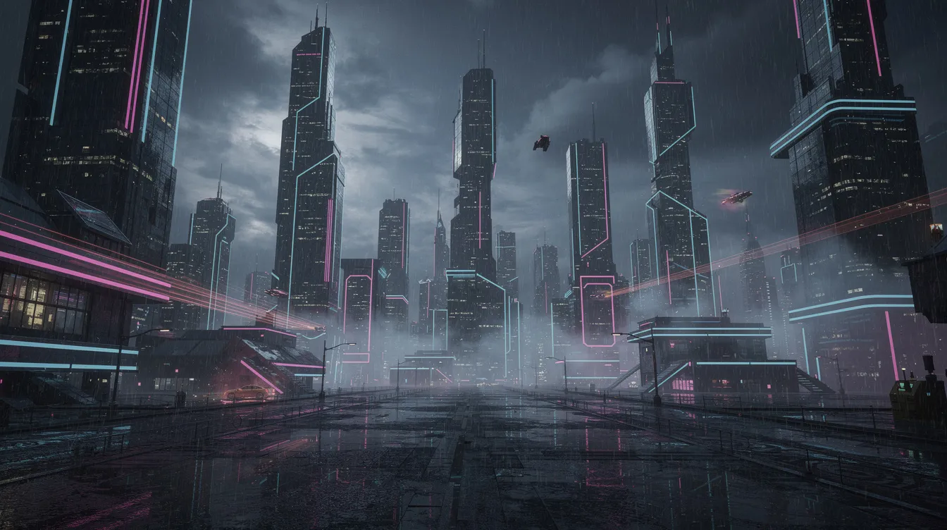 Die futuristische Stadtsilhouette bei Nacht ist von bunten Neonlichtern beleuchtet und wird von einem sanften Regen umhüllt, was an die besten Filme der 2010er Jahre erinnert. Die Szene vermittelt ein Gefühl von Science-Fiction und träumerischer Atmosphäre, ähnlich wie in Filmen von Regisseuren wie Damien Chazelle oder Martin Scorsese.