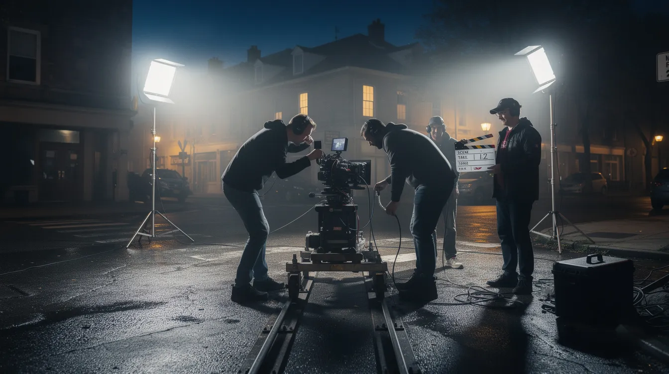 Ein Filmteam führt Nachtdreharbeiten an einer beleuchteten Straßenecke durch, während eine Kamera auf einem Dolly positioniert ist. Scheinwerfer werfen helles Licht auf die Szene, die an einen actiongeladenen Gangsterfilm erinnert.