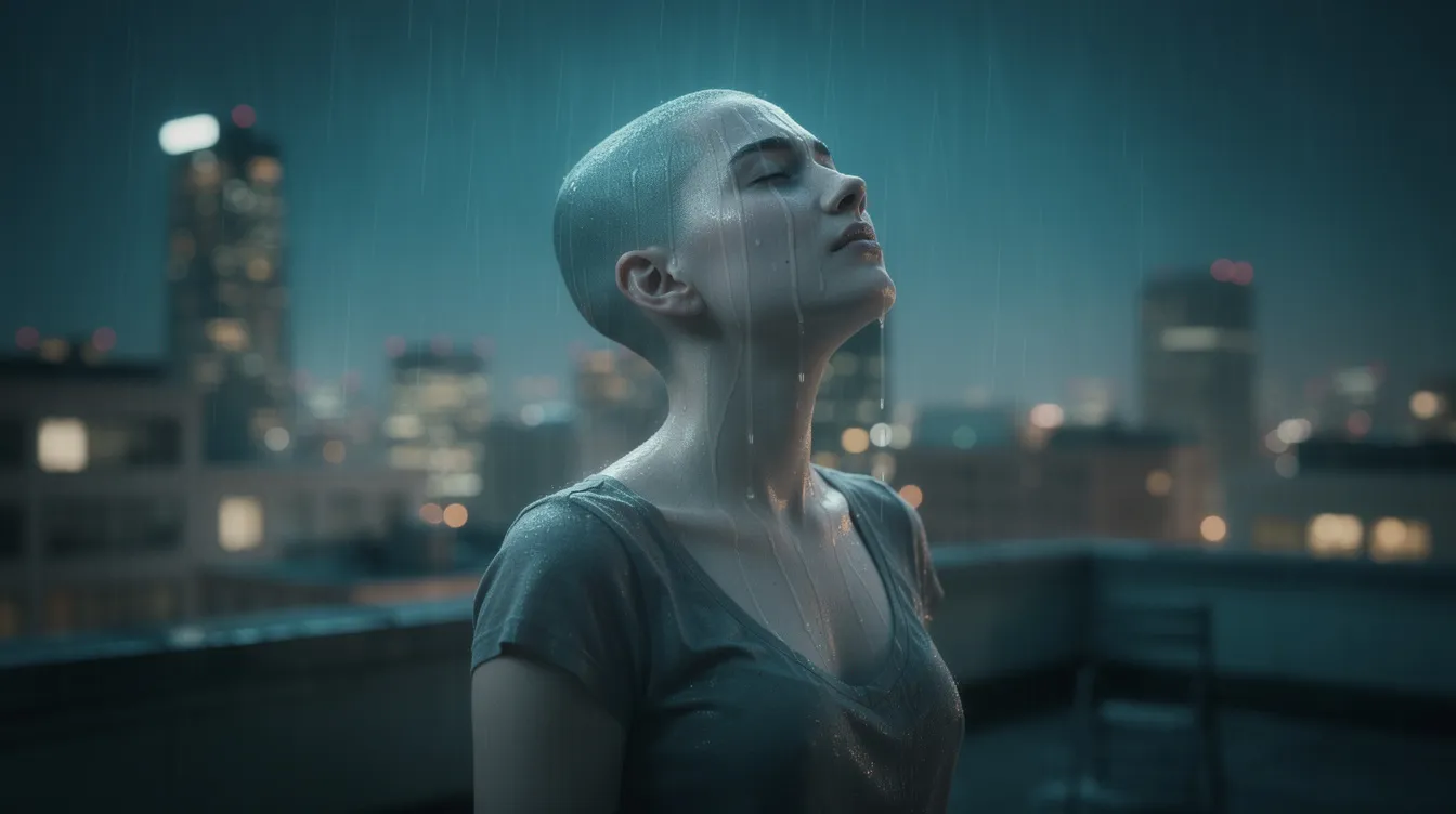 Eine junge Frau mit rasiertem Kopf steht im Regen auf einem Dach, ihr Gesicht ist nach oben gerichtet und zeigt einen Ausdruck der Befreiung. Diese Szene erinnert an die Themen von "V wie Vendetta", wo der Kampf gegen Unterdrückung und Diktatur im Mittelpunkt steht.
