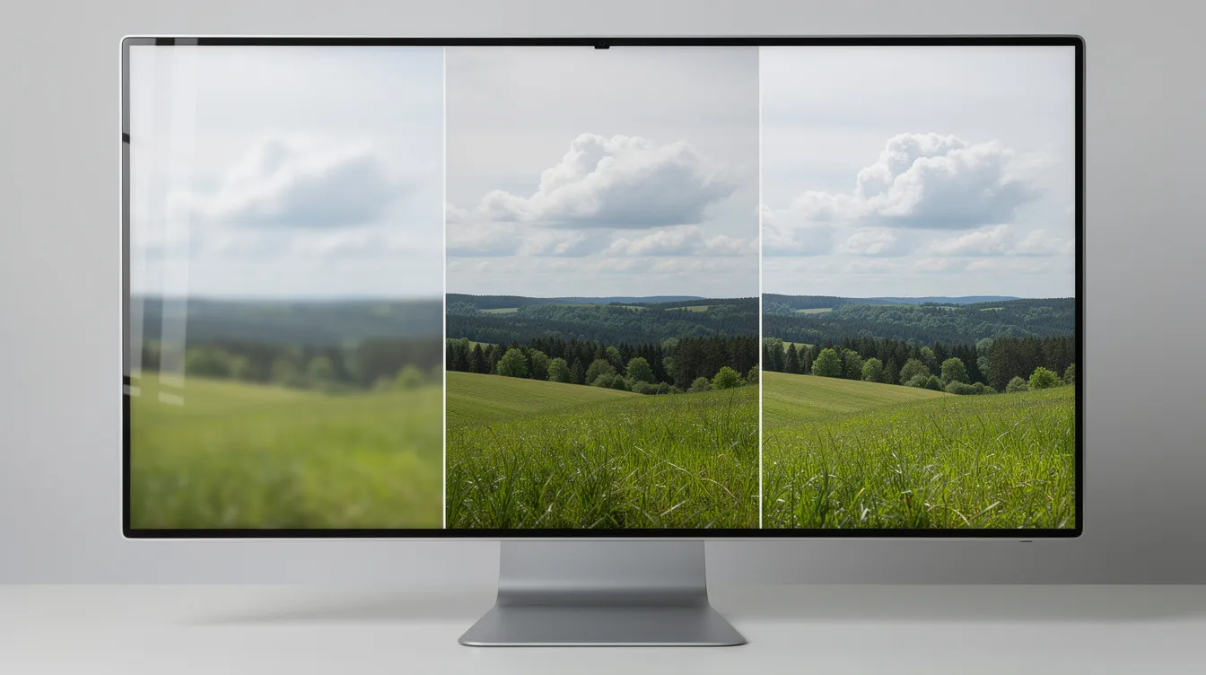 Das Bild zeigt drei identische Landschaftsaufnahmen nebeneinander auf einem Monitor, wobei die Bildschärfe und Detailgenauigkeit von links nach rechts zunehmend verbessert wird. Die Aufnahmen verdeutlichen den Unterschied in der Bildqualität und -auflösung, was besonders bei der Betrachtung auf einem Bildschirm oder Smartphone auffällt.