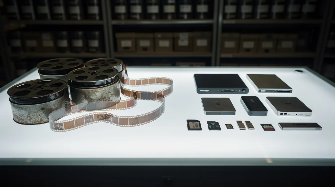 Auf einem Leuchttisch in einem Filmarchiv liegen alte Zelluloid-Filmrollen neben modernen digitalen Speichermedien, die den Kontrast zwischen traditionellen und zeitgenössischen Filmformaten verdeutlichen. Diese Anordnung erinnert an die goldene Ära des Films und an Klassiker wie "Der Schatz der Sierra Madre", in dem Abenteuer und Goldsuche zentrale Themen sind.