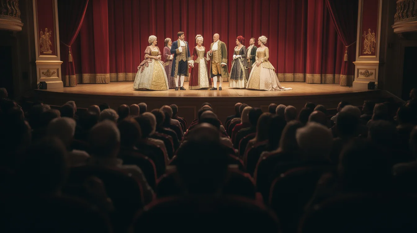 Das Bild zeigt ein Theaterpublikum von hinten, das auf eine hell erleuchtete Bühne blickt, auf der mehrere Darsteller in historischen Kostümen eine musikalische Aufführung präsentieren. Die Atmosphäre ist lebhaft und erinnert an die energiegeladene Inszenierung von "Hamilton", während die Zuschauer gespannt der Darbietung folgen.