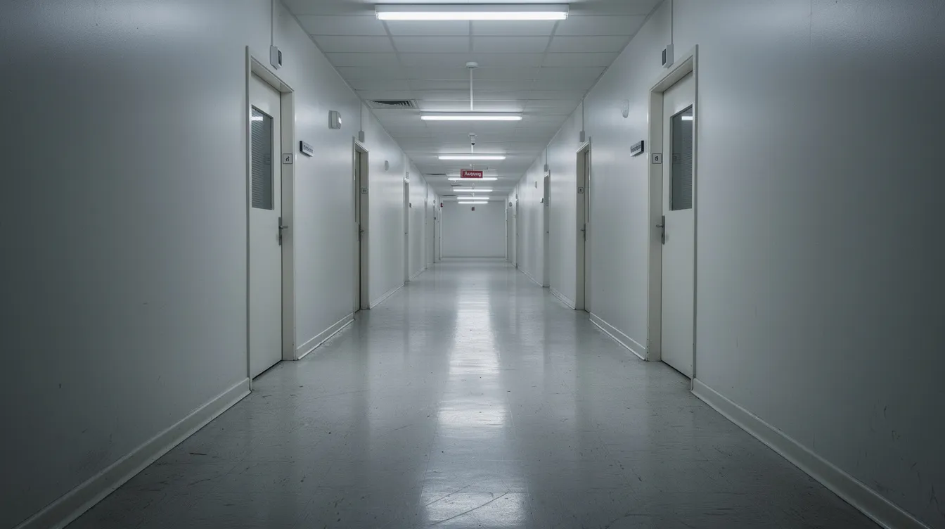 Ein langer, leerer Krankenhausflur mit einem Linoleumboden und flackerndem Neonlicht, umgeben von klinisch weißen Wänden und geschlossenen Türen auf beiden Seiten, vermittelt eine Atmosphäre der Isolation und des Systems, wie sie auch in „Einen flog über das Kuckucksnest“ dargestellt wird. Die kühle, sterile Umgebung erinnert an die Herausforderungen, mit denen die Patienten und Mitpatienten in der psychiatrischen Einrichtung konfrontiert sind.