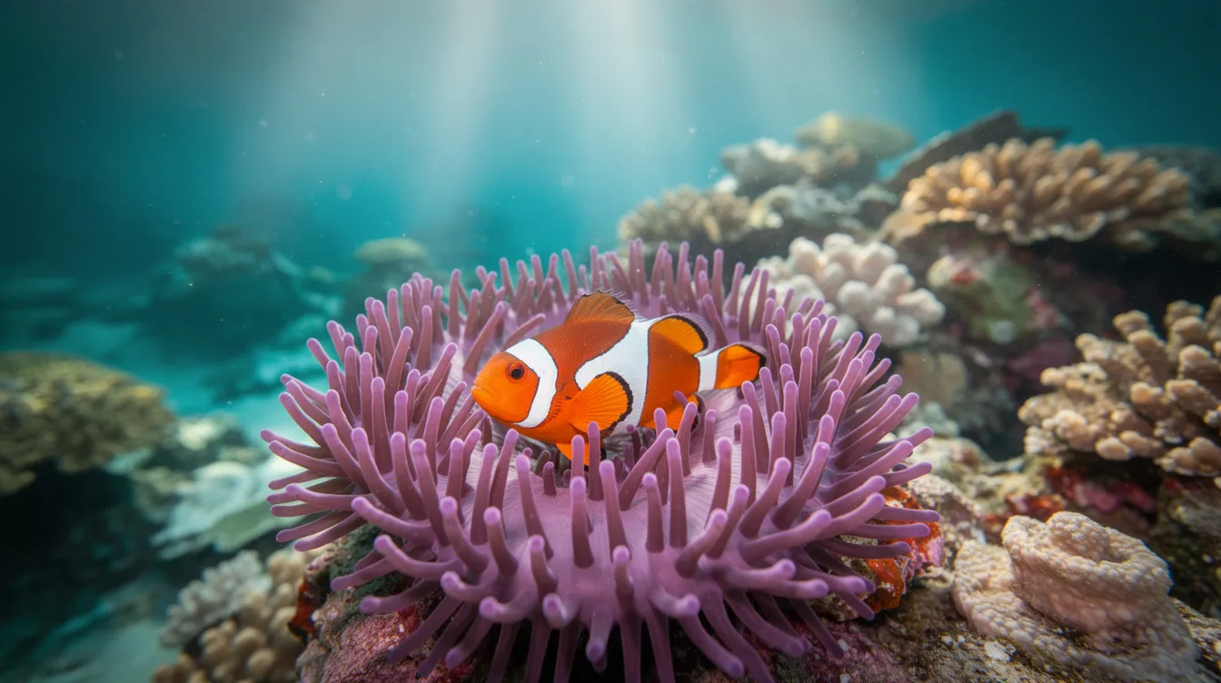 Ein echter Clownfisch schwimmt in einer lila Seeanemone, umgeben von einem bunten Korallenriff, das im natürlichen Unterwasserlicht leuchtet. Diese lebendige Szene erinnert an die Abenteuer von Marlin und Dory aus dem Animationsfilm "Findet Nemo".
