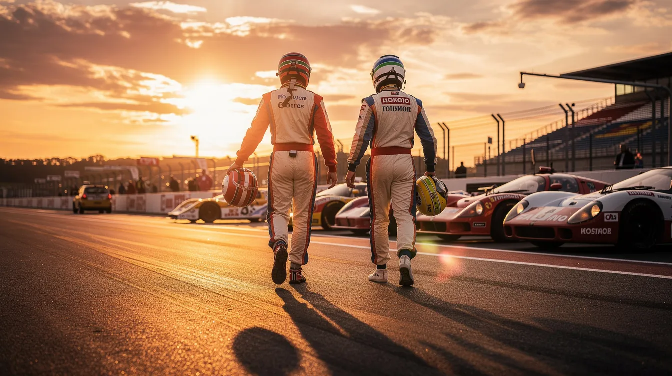 Zwei Rennfahrer, die an einer Rennstrecke bei Sonnenuntergang entlanggehen, werfen lange Schatten auf den Asphalt. Im Hintergrund sind nostalgische Rennwagen geparkt, die an die rivalisierende Geschichte der Formel 1 erinnern, wie sie in dem Film "Rush" dargestellt wird.
