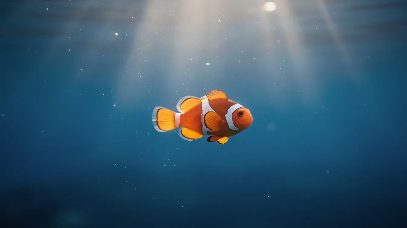 Ein kleiner orangefarbener Clownfisch schwimmt mutig ins offene blaue Meer, während Sonnenstrahlen ihn von hinten beleuchten. Diese Szene erinnert an die Abenteuer von Nemo und seinem Vater Marlin aus dem Disney-Pixar Animationsfilm "Findet Nemo".