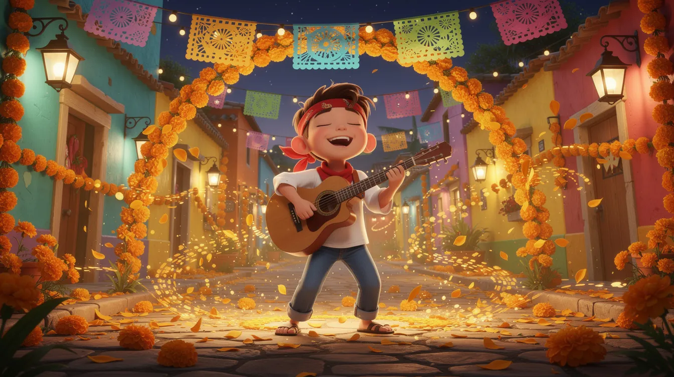 Ein animierter Junge spielt Gitarre in einem bunten mexikanischen Dorf bei Nacht, umgeben von leuchtenden orangefarbenen Ringelblumen und festlichen Dekorationen. Die Szene strahlt eine lebendige Atmosphäre aus, die an "Coco" erinnert, wo Musik und Traditionen des Día de Muertos gefeiert werden.
