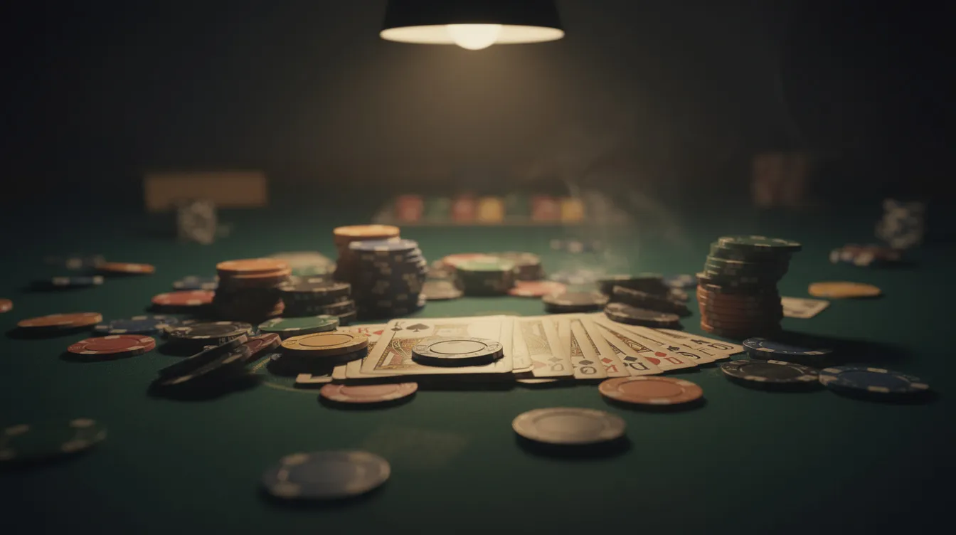 Auf einem grünen Filztisch liegen Pokerchips und Spielkarten, umgeben von schwachem Licht, das eine rauchige Atmosphäre schafft. Diese Szenerie erinnert an eine spannende Pokerrunde, in der Spieler wie im Film "Lock, Stock and Two Smoking Barrels" um Geld und Ruhm kämpfen.