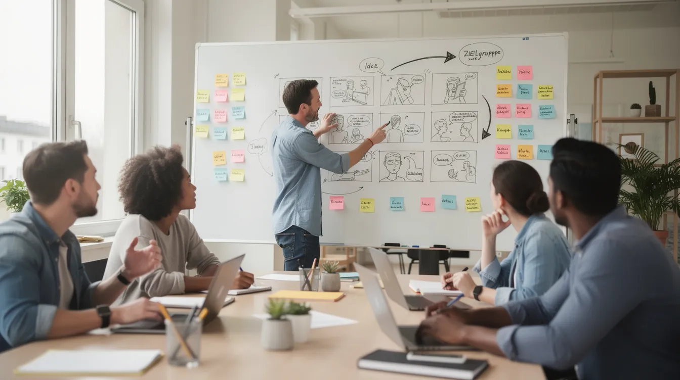 Ein kreatives Team diskutiert lebhaft vor einem Whiteboard, auf dem Storyboard-Skizzen und bunte Post-its kleben, in einem hellen Büro. Diese Szene zeigt den kreativen Prozess hinter der Entwicklung von Serienepisoden und deren Handlungselementen.