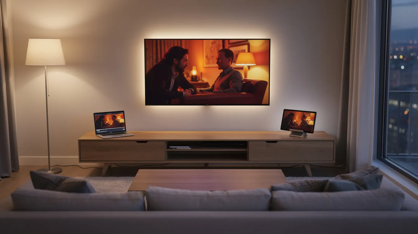 Das Bild zeigt ein modernes Wohnzimmer mit einem großen Flachbildfernseher, einem Laptop und einem Tablet, die alle atmosphärische Szenen aus hochwertigen Fernsehserien in warmem Licht präsentieren. Die Einrichtung vermittelt eine gemütliche Atmosphäre, ideal für das Anschauen von Qualitätsfernsehen und Serien.