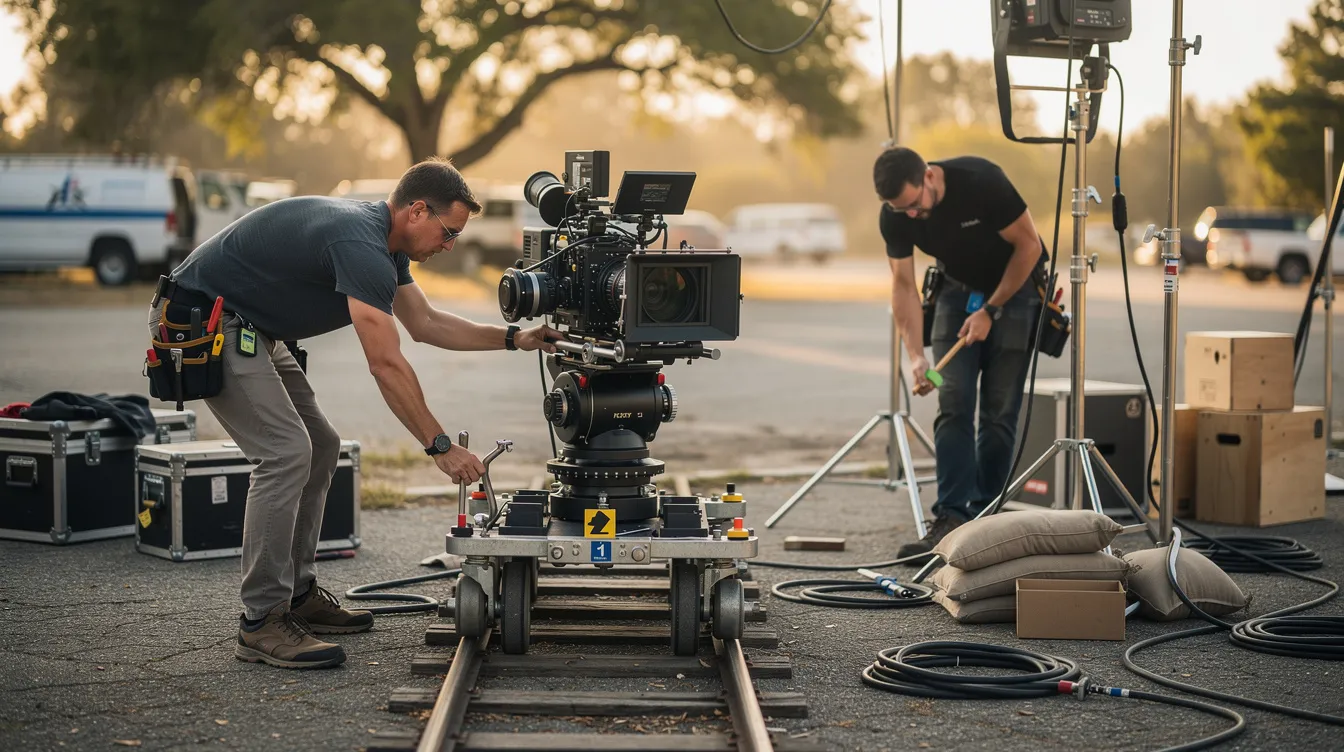 Ein Kameradolly steht auf Schienen, während Mitglieder des Grip-Teams, darunter der Best Boy Grip, den Aufbau für eine Filmproduktion im Freien vorbereiten. Sie organisieren Ausrüstung und planen die Logistik, um einen reibungslosen Drehablauf zu gewährleisten.