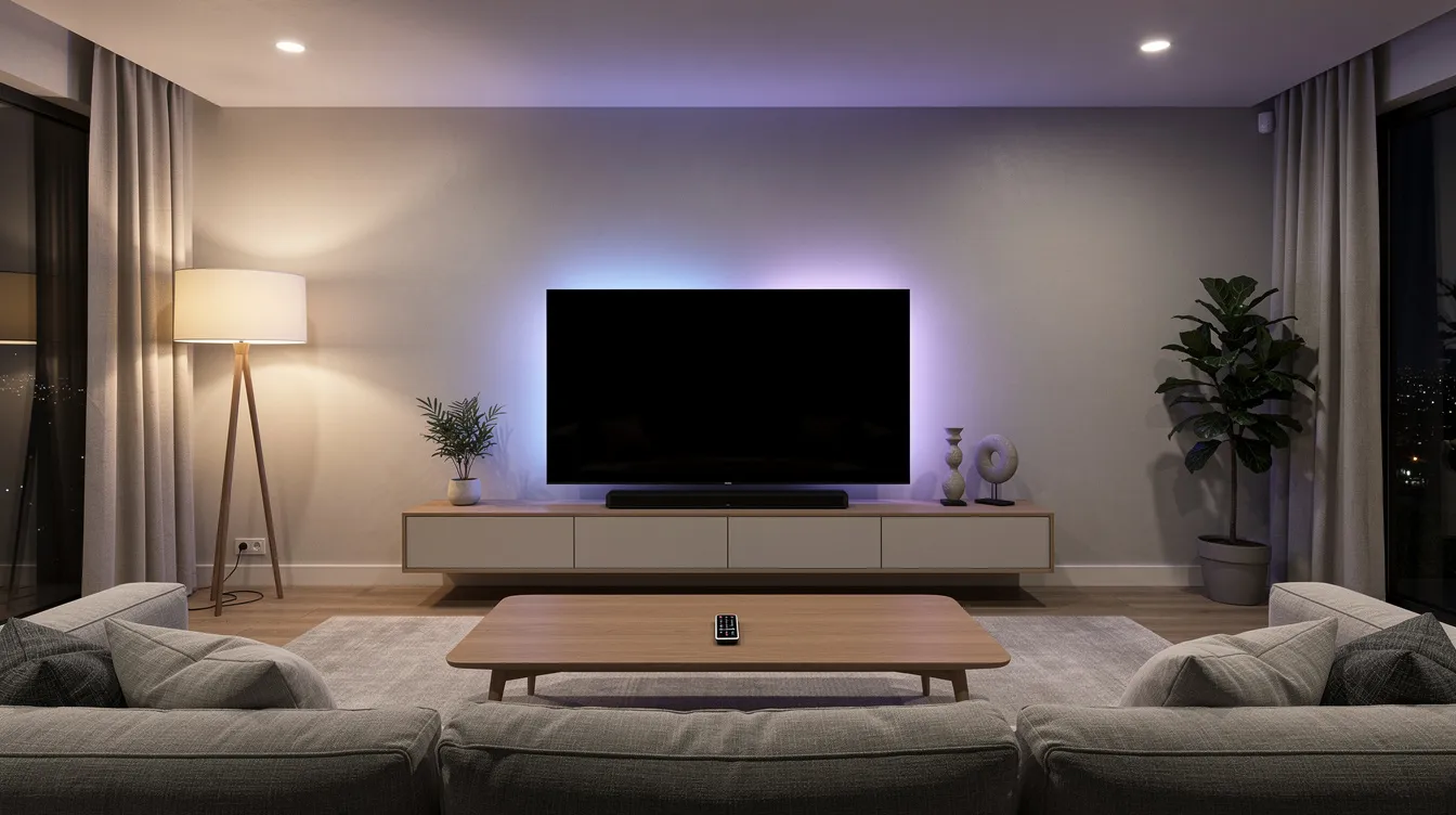Ein moderner Smart TV mit schlankem Design steht in einem stilvollen Wohnzimmer, umgeben von sanfter Ambientebeleuchtung. Auf dem Couchtisch liegt die Fernbedienung, während der TV bereit ist, Serien in Full HD und mit ausgezeichneter Bildqualität zu präsentieren.