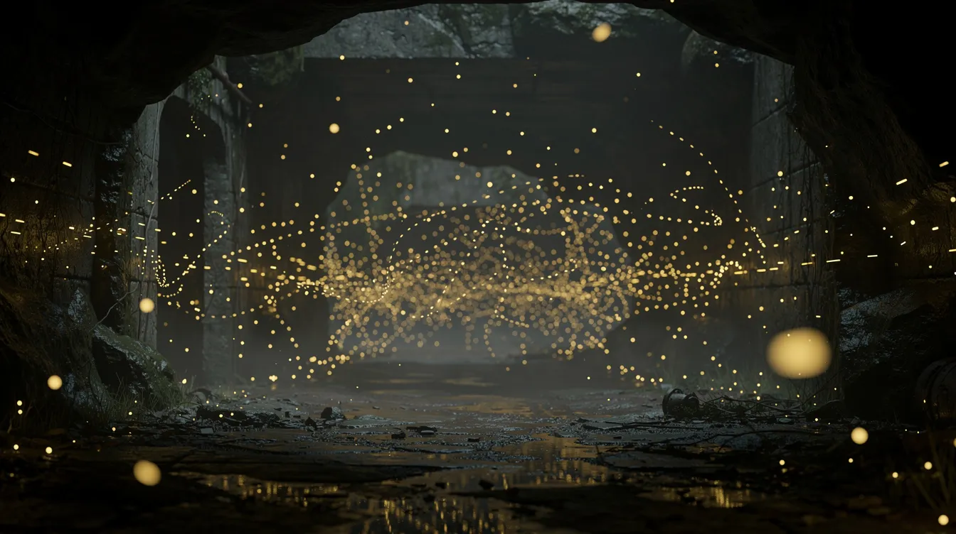 In einer dunklen Höhle oder am Eingang eines Bunkers schweben hunderte leuchtende Glühwürmchen und tauchen die Umgebung in ein warmes goldenes Licht, das einen magischen und melancholischen Kontrast zur tiefen Dunkelheit bildet. Diese Szene könnte an die letzten Glühwürmchen erinnern und die emotionale Tiefe der Themen von Isao Takahata widerspiegeln.