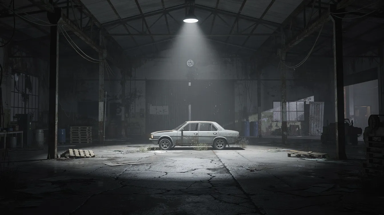 Die verlassene Fabrikhalle bei Nacht wird von einem einzelnen Scheinwerfer beleuchtet, der lange Schatten auf den Betonboden wirft. Im Vordergrund steht ein geparktes Auto, das an die düstere Atmosphäre eines Thrillers erinnert, ähnlich den Szenen in einem Film von Christopher Nolan.