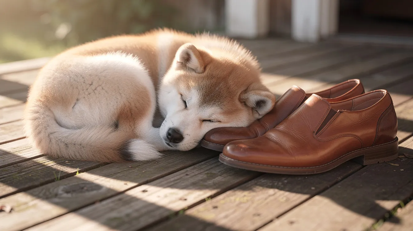 Ein junger Akita-Welpe schläft friedlich auf einer Holzveranda, während das warme Nachmittagslicht sanft auf ihn scheint. Neben ihm liegen ein Paar Lederschuhe, was die gemütliche Atmosphäre unterstreicht und an die wunderbare Freundschaft zwischen Hachi und Parker Wilson erinnert.