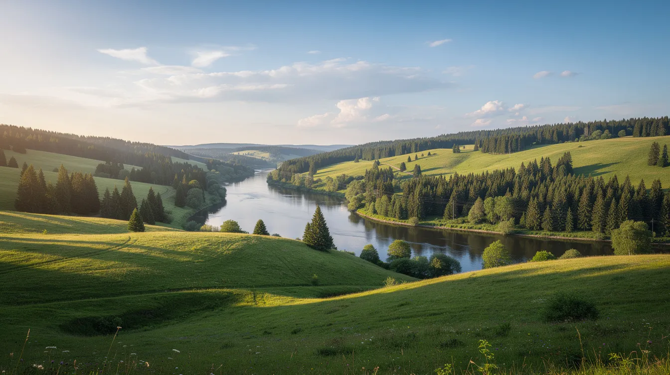 Ein Panoramablick zeigt eine grüne Landschaft mit sanften Hügeln, einem glitzernden Fluss und hohen Nadelbäumen unter einem weiten Sommerhimmel. Diese idyllische Szenerie erinnert an die Abenteuer der Jungen aus "Stand by Me – Das Geheimnis eines Sommers", die in einer ähnlichen Umgebung aufwachsen und Freundschaft sowie den Übergang zur Erwachsenenwelt erleben.