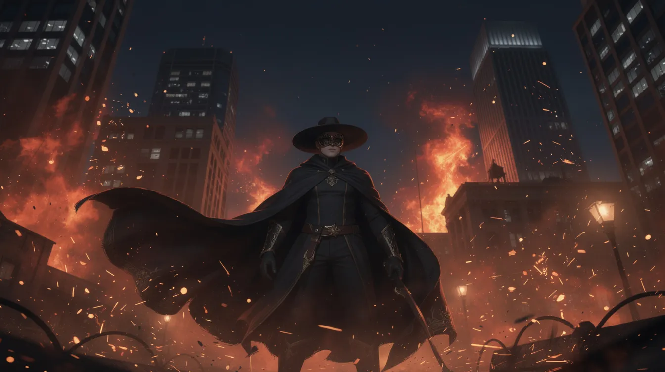 Eine maskierte Figur in einem schwarzen Umhang und Hut steht vor einem nächtlichen Stadthintergrund, während Flammen und Funken um sie herumtanzen. Die Szene erinnert an die düstere Atmosphäre der Graphic Novel "V wie Vendetta", in der der Protagonist mit der Guy-Fawkes-Maske für Freiheit und gegen Unterdrückung kämpft.