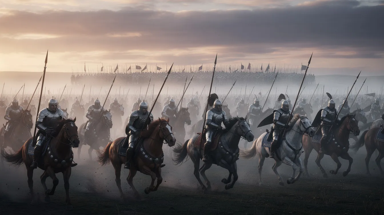 Eine massive Kavalleriecharge von gepanzerten Reitern galoppiert über eine neblige Ebene bei Sonnenaufgang, während sie einer dunklen und riesigen gegnerischen Armee gegenübersteht. Diese Szene erinnert an die epischen Kämpfe aus "Der Herr der Ringe: Die Rückkehr des Königs", die in der Filmtrilogie eindrucksvoll dargestellt werden.