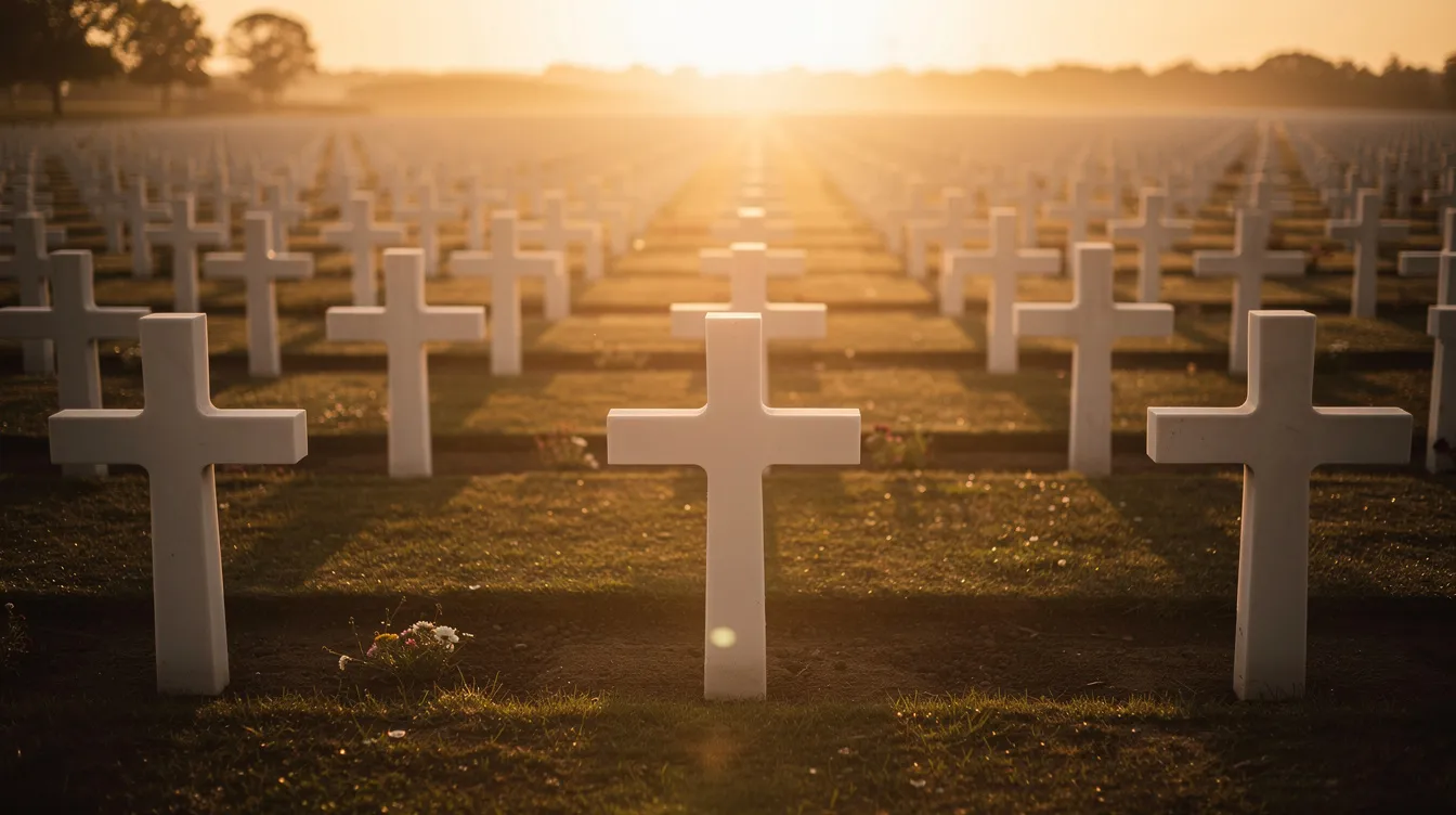 Auf dem Soldatenfriedhof sind endlose Reihen weißer Kreuze im sanften, warmen Licht der Abendsonne zu sehen, die eine stille und respektvolle Atmosphäre schaffen. Diese Szene erinnert an die Themen des Films "Der Soldat James Ryan", der den Zweiten Weltkrieg und die Opfer der Invasion thematisiert.