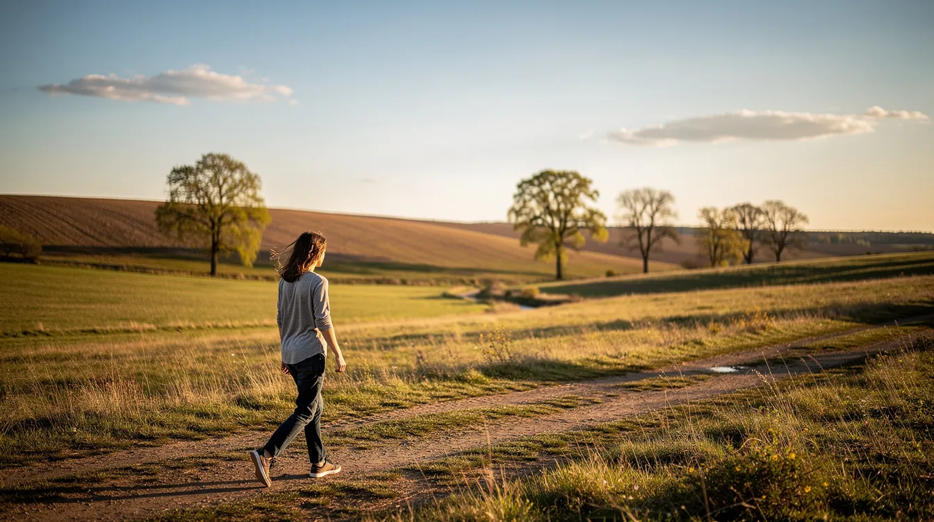 Eine Person geht auf einem sonnigen Weg durch eine offene Landschaft, von links nach rechts fotografiert, wobei das warme Licht die Szene sanft beleuchtet. Die Bewegung der Person folgt der Handlungsachse und vermittelt ein Gefühl von Freiheit und Weite in der Natur.