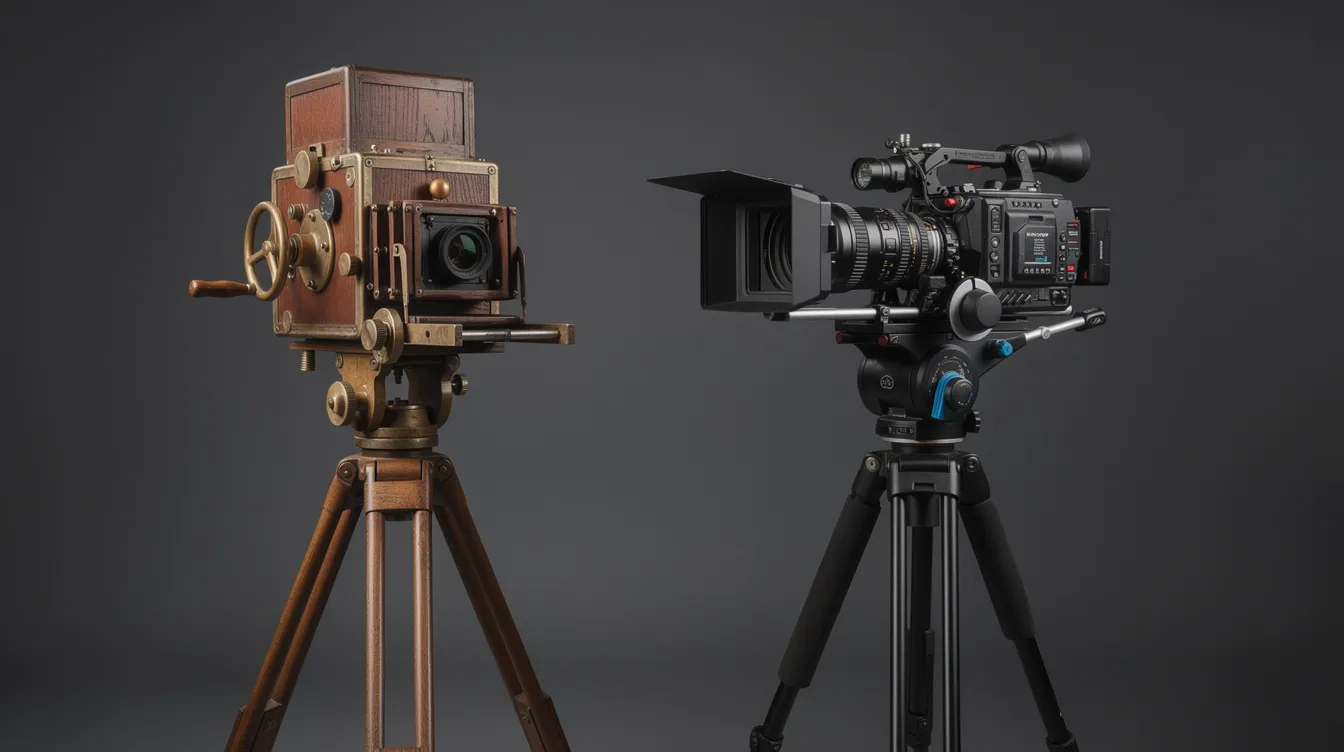 Die Abbildung zeigt eine historische Filmkamera aus den 1920er Jahren, die im Vordergrund auf einem Stativ steht, neben einer modernen digitalen Filmkamera. Diese Gegenüberstellung verdeutlicht die Entwicklung in der Filmgeschichte und die unterschiedlichen Technologien, die im Bereich der Medien und Filmästhetik verwendet werden.