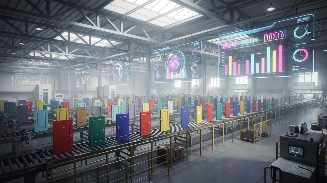 Die Illustration zeigt eine industrielle Fabrikhalle mit bunten Türen, die auf Förderbändern transportiert werden, während große Energieanzeigen im Hintergrund leuchten. Diese Szene erinnert an die Welt von "Monsters, Inc." und vermittelt ein Gefühl von geschäftigem Treiben in der Monsterwelt.