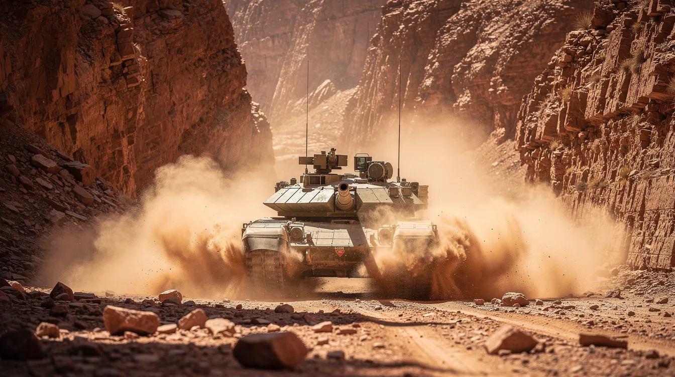 Ein militärischer Panzer fährt durch eine enge Wüstenschlucht, während Staubwolken aufwirbeln und an die Abenteuer von Indiana Jones und dem letzten Kreuzzug erinnern. Die Szenerie vermittelt das Gefühl von Dramatik und Gefahr, ähnlich den spannenden Momenten in einem Steven Spielberg Film.