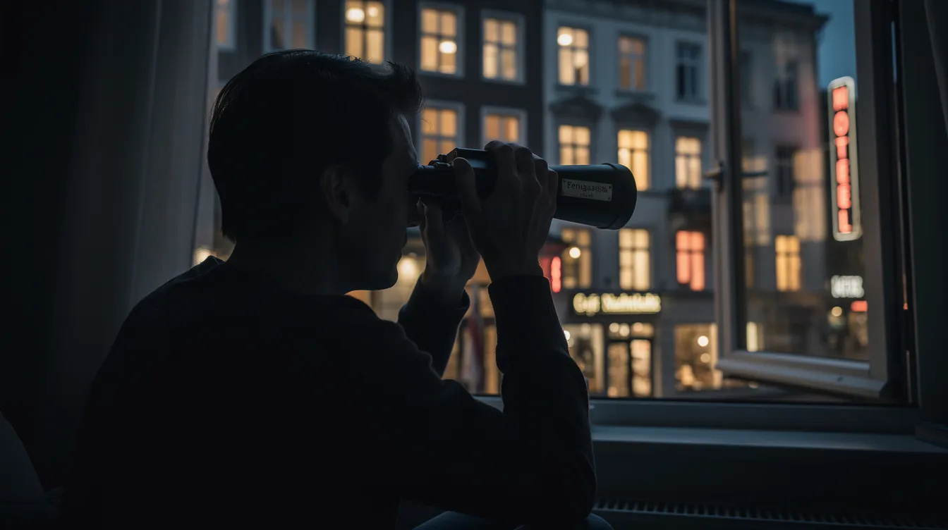 Eine Person sitzt in einem abgedunkelten Raum und beobachtet durch ein großes Fernglas aus einem geöffneten Fenster die beleuchteten Gebäude gegenüber, während sie die Nachbarn und das Leben in der Nachbarschaft analysiert. Diese Szene erinnert an den Thriller "Das Fenster zum Hof", in dem Themen wie Voyeurismus und Spannung im Mittelpunkt stehen.