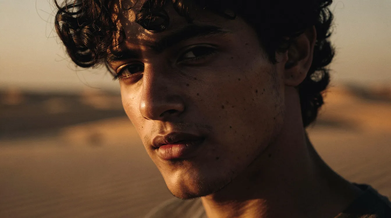 Die Nahaufnahme zeigt einen jungen Mann mit dunklen Locken, dessen Gesicht zur Hälfte im Schatten liegt, während warmes Wüstenlicht die andere Seite beleuchtet. Diese bildhafte Darstellung erinnert an die Figuren aus Frank Herberts Science-Fiction-Klassiker "Dune", insbesondere an Paul Atreides, der in der Wüstenwelt von Arrakis lebt.