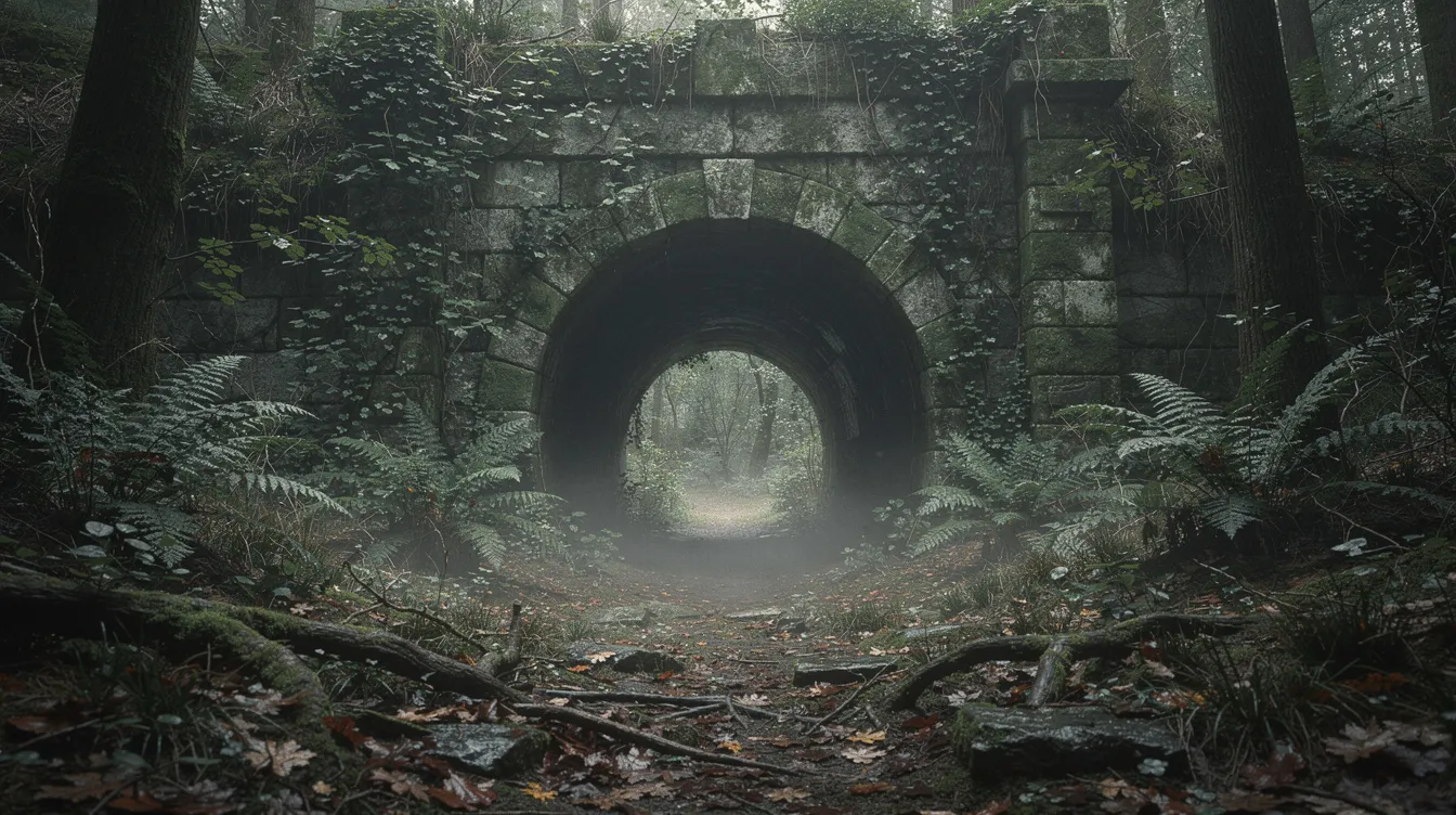 Der geheimnisvolle Tunneleingang, umgeben von alten Steinen und dichter Vegetation, strahlt eine mystische Atmosphäre aus, während diffuses Licht am Ende des Tunnels auf eine mögliche Reise ins Zauberland hinweist, ähnlich wie in Hayao Miyazakis "Chihiros Reise ins Zauberland".