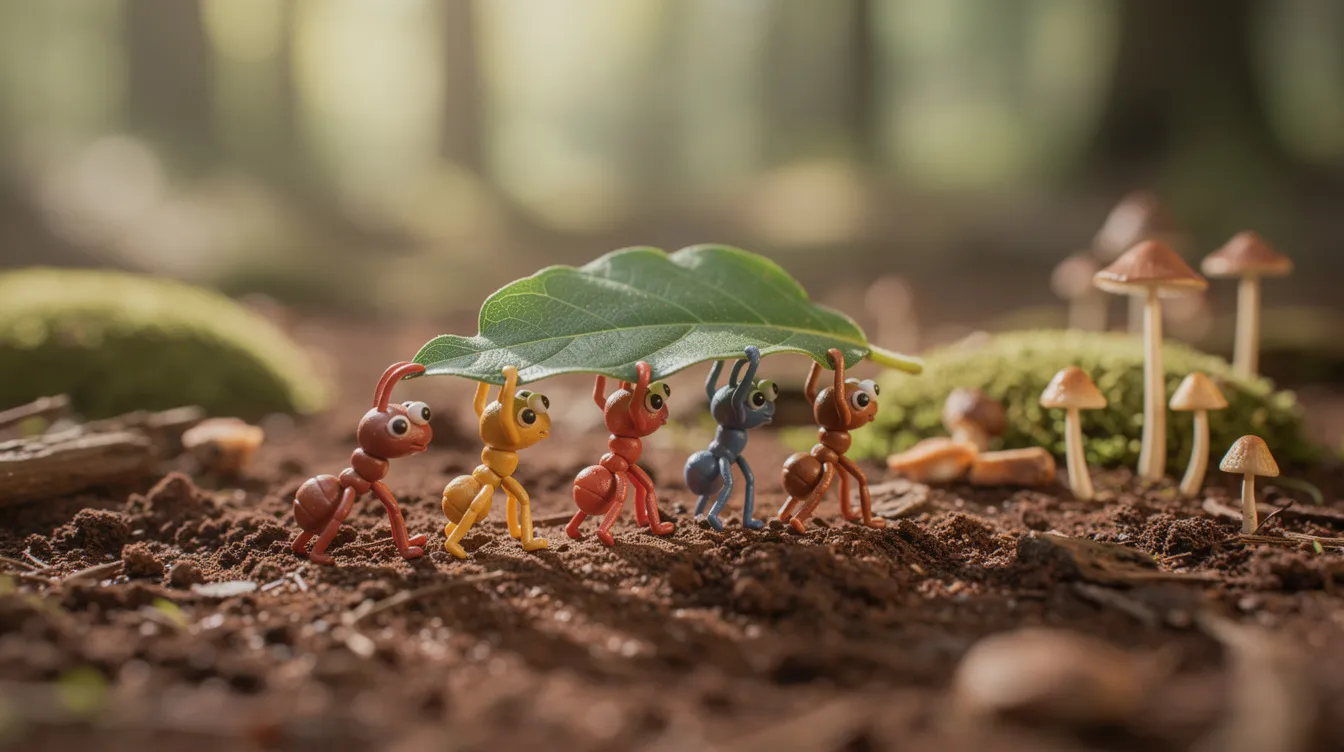 Kleine Ameisenfiguren aus Knete oder Plastik tragen gemeinsam ein großes Blatt über den Waldboden, der mit grünem Moos und kleinen Pilzen bedeckt ist. Diese Szene erinnert an die Abenteuer aus Animationsfilmen wie "Das große Krabbeln" und zeigt die Bedeutung von Freundschaft und Zusammenarbeit in der Natur.