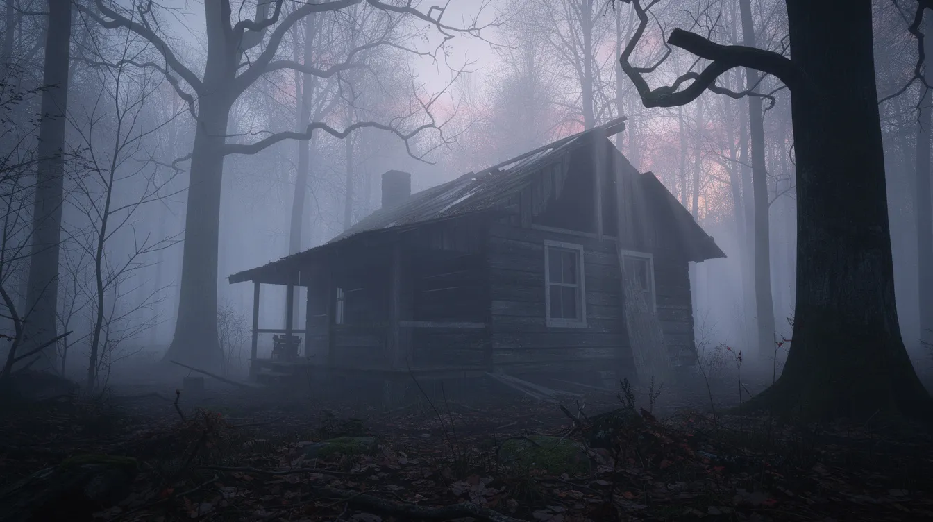 Die verlassene Holzhütte im nebligen Wald bei Dämmerung vermittelt eine unheimliche Atmosphäre, die an klassische Horrorfilme erinnert. Umgeben von kahlen Bäumen erzeugt die Szene ein Gefühl von Unsicherheit und Bedrohung, das Zuschauer in den Bann zieht.