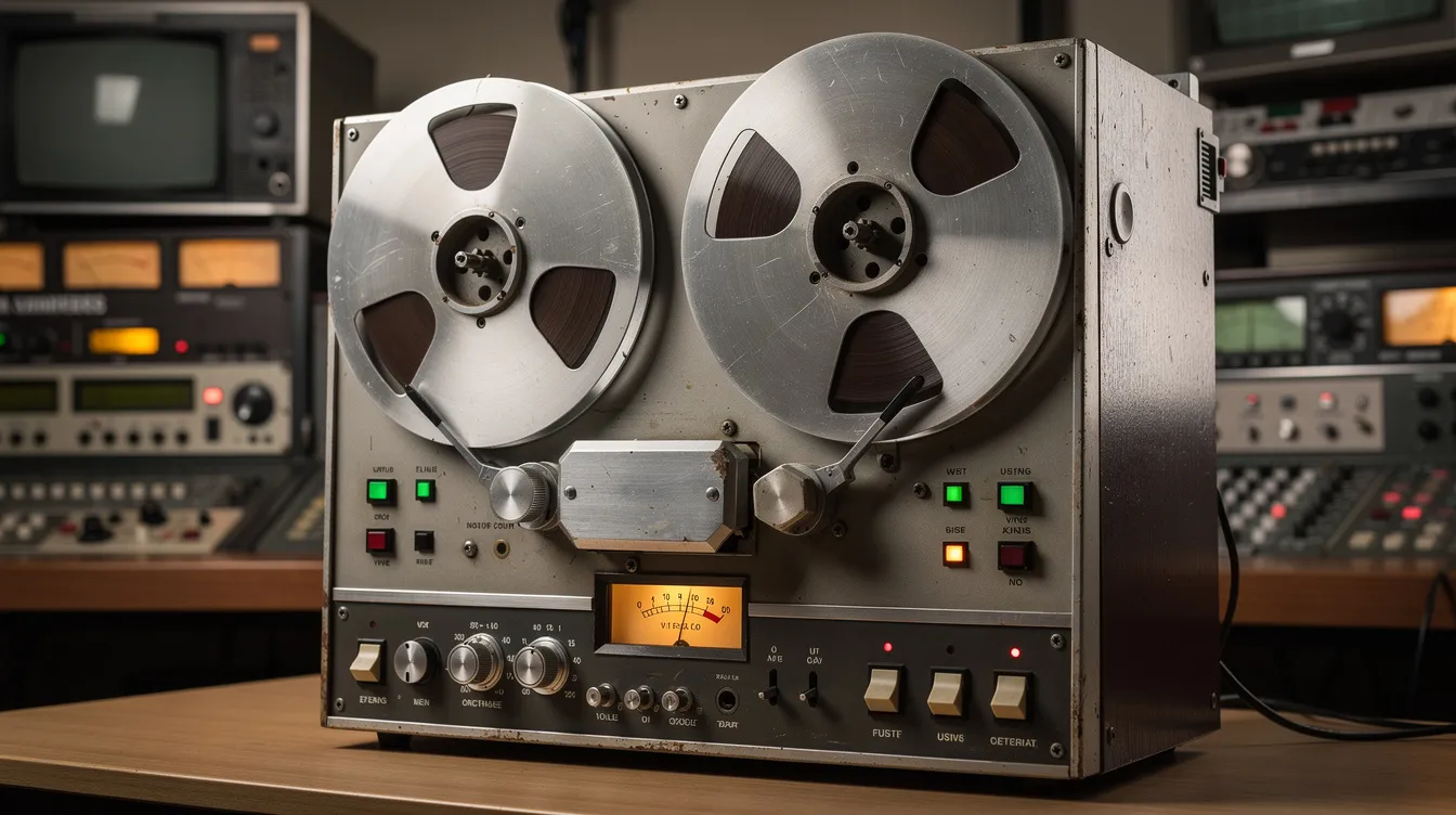 Die Abbildung zeigt eine historische Videobandmaschine aus den 1970er Jahren, ausgestattet mit großen Bandspulen und einem robusten Metallgehäuse, die in einem Senderaum platziert ist. Diese Geräte sind Teil der Medienproduktion und erinnern an die Anfänge der Videoübertragung und -qualität.