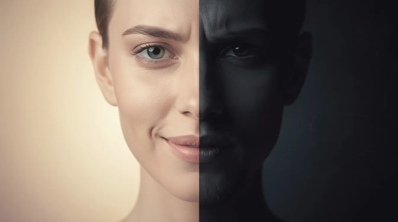 Das Bild zeigt zwei Gesichtshälften in starkem Kontrast: die eine Seite ist hell und freundlich, während die andere dunkel und schattig ist. Diese Darstellung symbolisiert die Doppelnatur der Archetypen, die in der Mythologie und Psychologie, wie bei Carl Gustav Jung, eine wichtige Rolle spielen.
