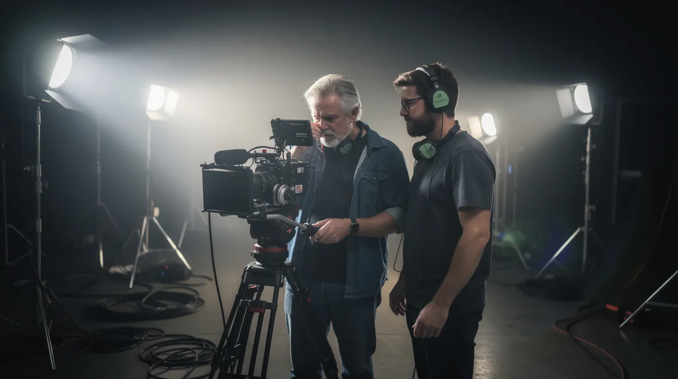 Ein Filmregisseur steht am Filmset und blickt konzentriert durch den Sucher einer Filmkamera, während ein Kameramann neben ihm positioniert ist. Die dunkle Umgebung des Sets wird von Scheinwerfern beleuchtet, was eine intensive Stimmung erzeugt, die an die Welt von "Requiem for a Dream" erinnert.