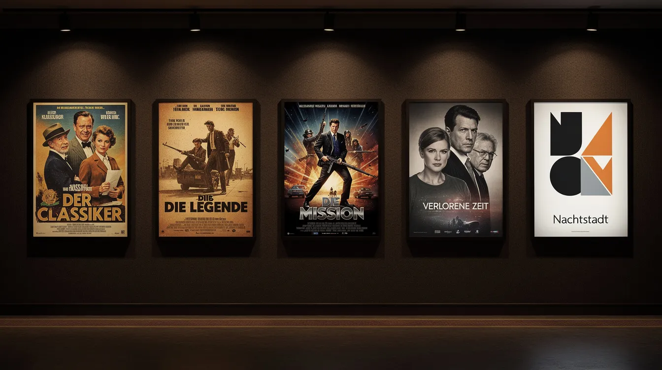 Das Bild zeigt fünf ikonische Filmplakate verschiedener Epochen, die an einer Kinowand ausgestellt sind. Sie sind von warmem Spotlicht beleuchtet und repräsentieren bedeutende Werke der Filmgeschichte, darunter Klassiker wie "Star Wars" und "Der Herr der Ringe", die jeweils eine eigene Handlung und Charaktere präsentieren.