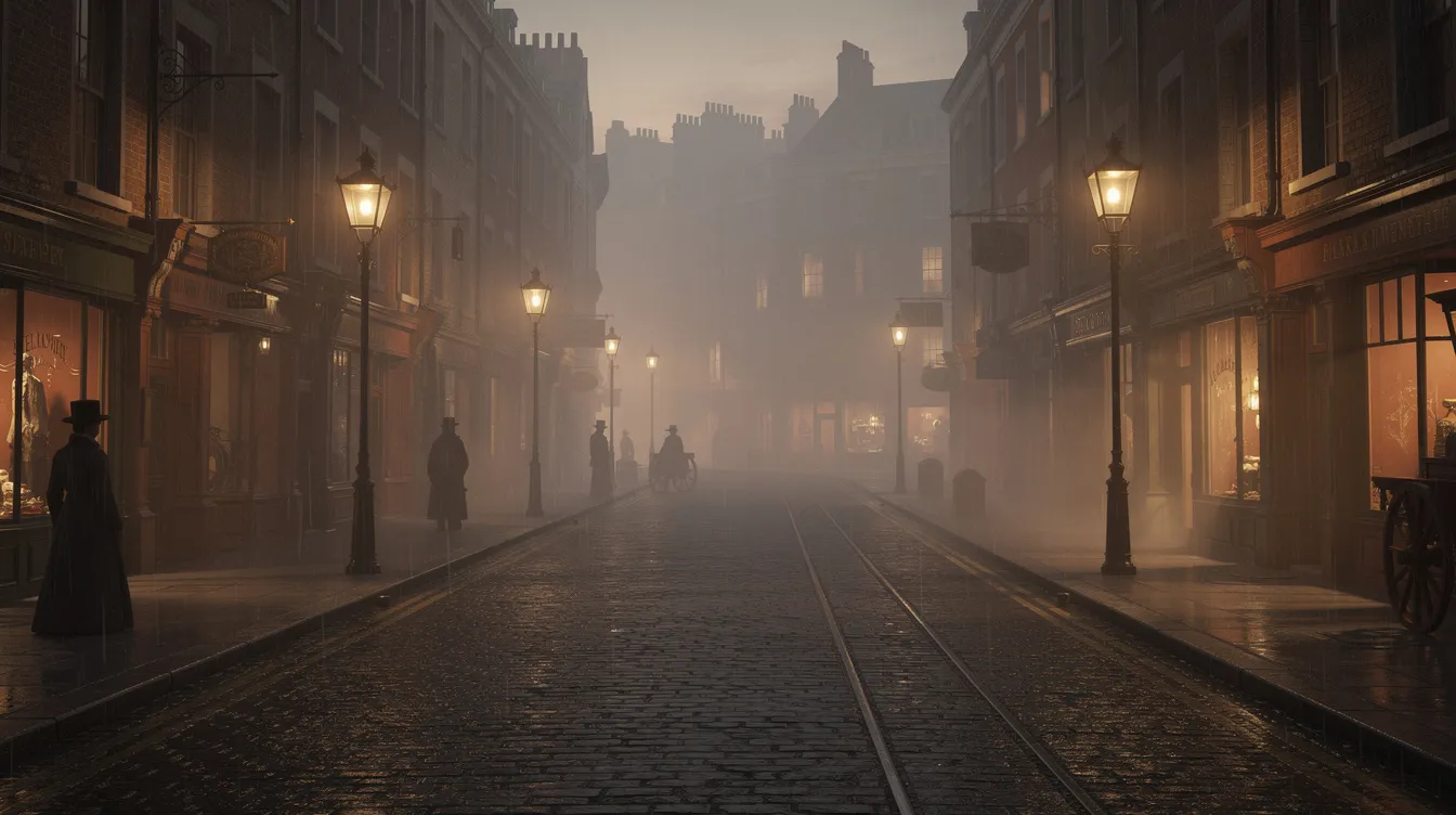 Die viktorianische Straßenszene in London zeigt Kopfsteinpflaster, umgeben von Gaslaternen und einer nebelverhangenen Häuserfront in warmen Braun- und Goldtönen, die eine nostalgische Atmosphäre für einen Familienfilm schaffen könnte. Diese Kulisse erinnert an die Märchen und Abenteuer, die in klassischen Kinderfilmen erzählt werden.