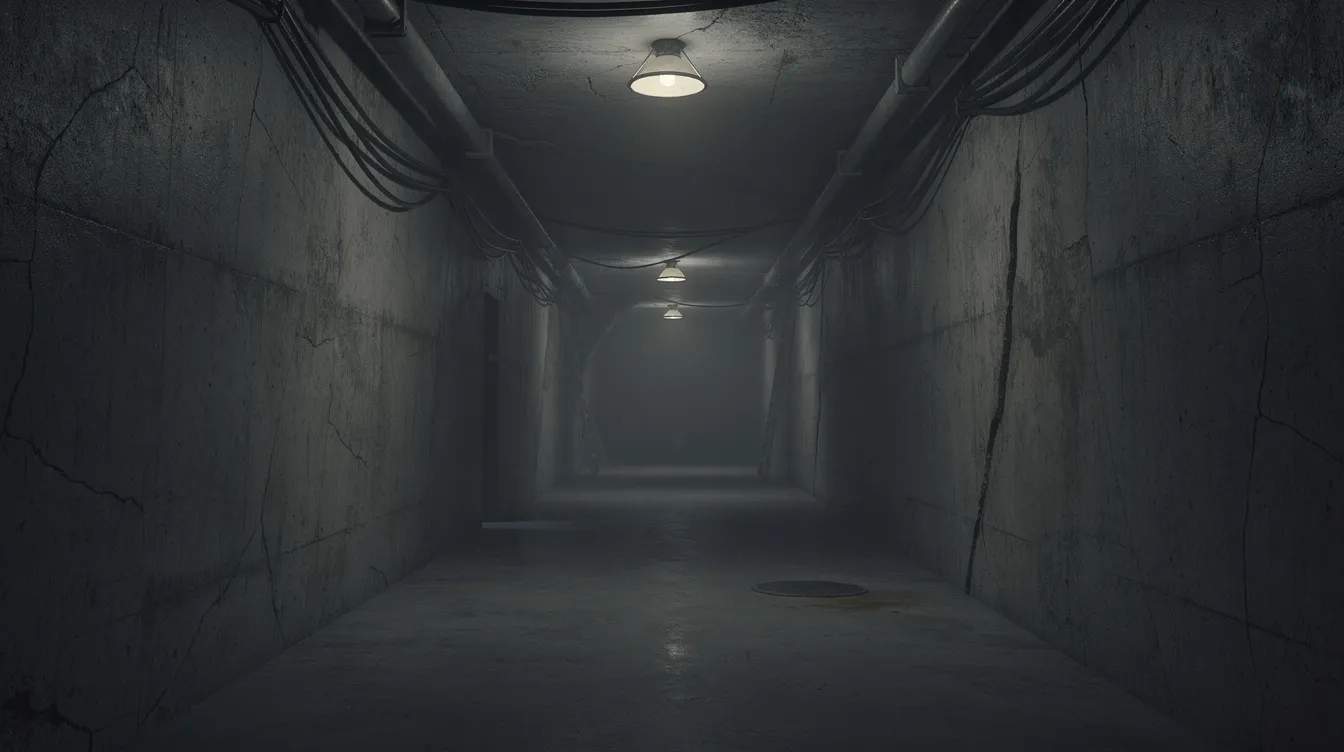 Der dunkle Betonkorridor mit schwacher Beleuchtung erinnert an die bedrückende Atmosphäre eines unterirdischen Bunkers aus der Zeit des Dritten Reiches. Die niedrigen Decken und kahlen Wände schaffen ein Gefühl der Enge und Isolation, das an die letzten Tage des Führers Adolf Hitler im April 1945 erinnert.