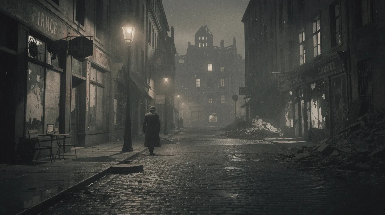 Die düstere Stadtstraße bei Nacht zeigt vereinzelte Menschen, die in den Schatten verweilen, und vermittelt eine Nachkriegsatmosphäre, die an die besten Filme der 50er Jahre erinnert. Die Umgebung strahlt eine melancholische Stimmung aus, die an die Themen von Kriegen und menschlichen Schicksalen in Klassikern des Kinos erinnert.