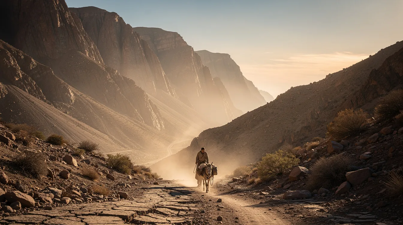 Die dramatische Wüstenlandschaft zeigt eine einsame Gestalt, die mit einem Esel über einen staubigen Pfad in den Bergen wandert, was an die Abenteuergeschichte von "Der Schatz der Sierra Madre" erinnert. Die karge Umgebung und die majestätischen Berge unterstreichen das Gefühl von Einsamkeit und der Suche nach Gold und Glück.